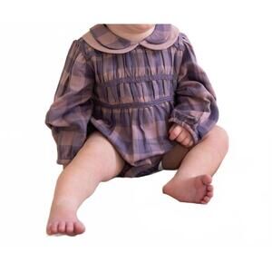 NEW VIVERANO ORGANICS smocked peter pan gingham romper in lilac